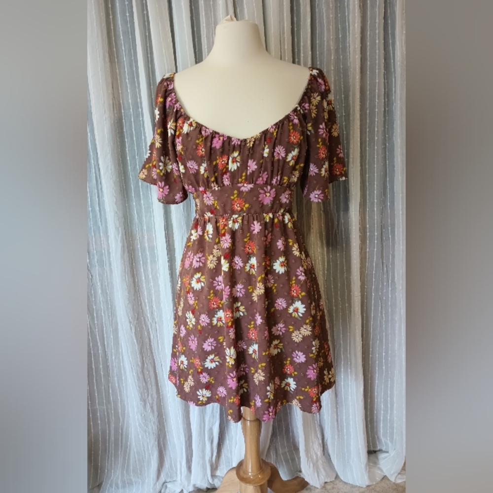 Sadie & Sage Anthropology Daisy Floral Swiss Dot Mini Dress Open Tie Back L NWT